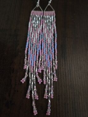 Long Pink Seed Bead Fringe Earrings with Silver Accents